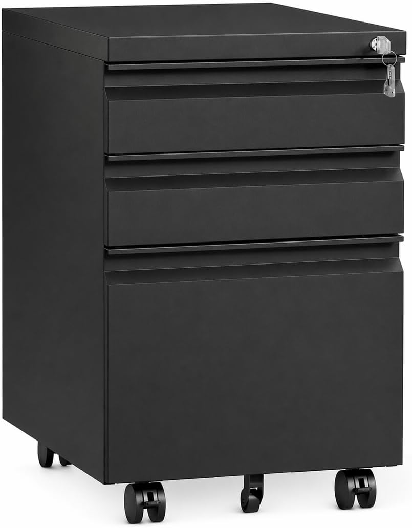 3-Drawer Mobile Metal File Cabinet with Lock