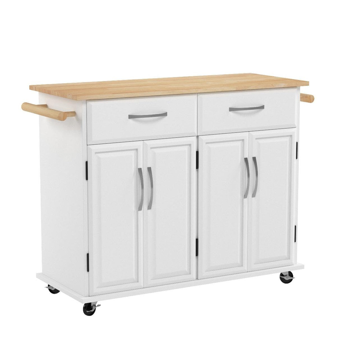 BELLEZE Rolling Kitchen Island Cart on Wheels with Storage Cabinet, Mobile Kitchen Cart Island Table with 2 Drawers Towel Racks Rubber Wood Top Coffee Bar for Dinning Room, 41.7”Lx18.5”Wx37”H, White