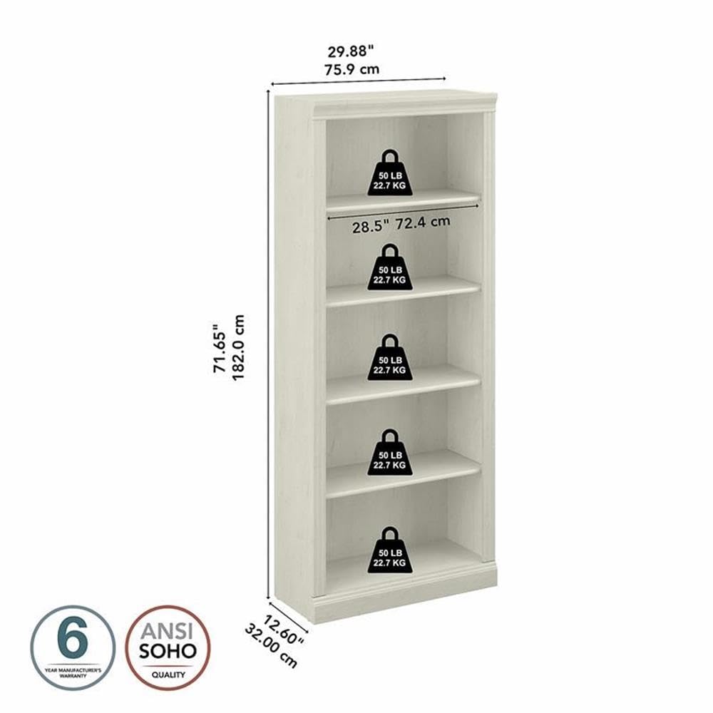 Bush Home Saratoga Tall 5 Shelf Bookcase in Linen White Oak, Home Office Organizer, Vertical Storage Solution for Books and Office Supplies, Tall Bookshelf