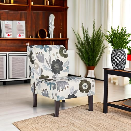 Floral Armless Accent Chair – White, Blue & Gray