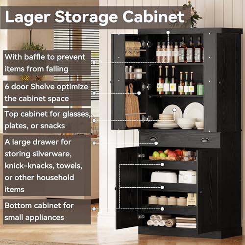 IRONCK Kitchen Pantry Cabinet 72" Height, Freestanding Cupboard with Drawer, Sliding Storage Rack, and 6 Hanging Shelves for Dining Room, Laundry, Living Room, Black