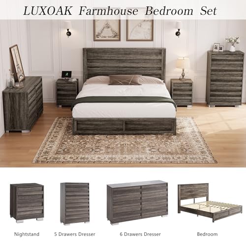 LUXOAK 2 Pcs Bedroom Furniture Sets - Includes 1 X Farmhouse 5 Drawers Dresser, 1X Farmhouse Full Size Bed Frame with 49" Tall Headboard, Wooden Platform Bed with Hidden Metal Bed Frame, Rustic Grey