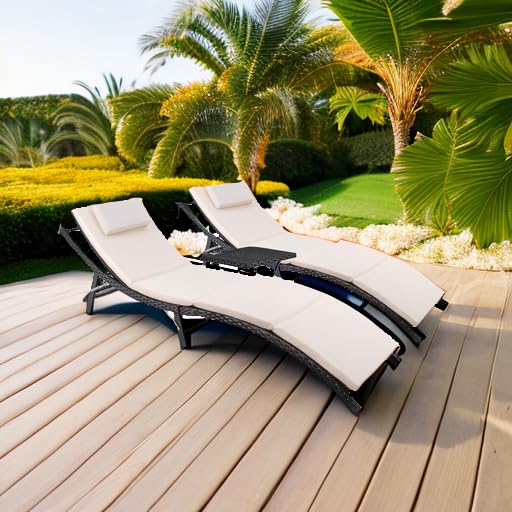 Outdoor Rattan Chaise Lounge Set of 3 with Folding Table