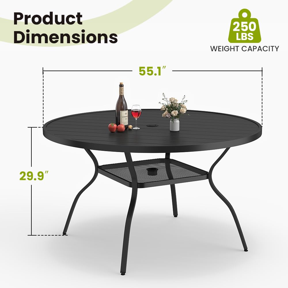 KWKSV 55.1 Inch Outdoor Dining Table for 6 – E-Coating Metal Round Patio Table with Adjustable 1.57" Umbrella Hole, All-Weather Table for Porch, Garden, Backyard, Poolside, Lawn