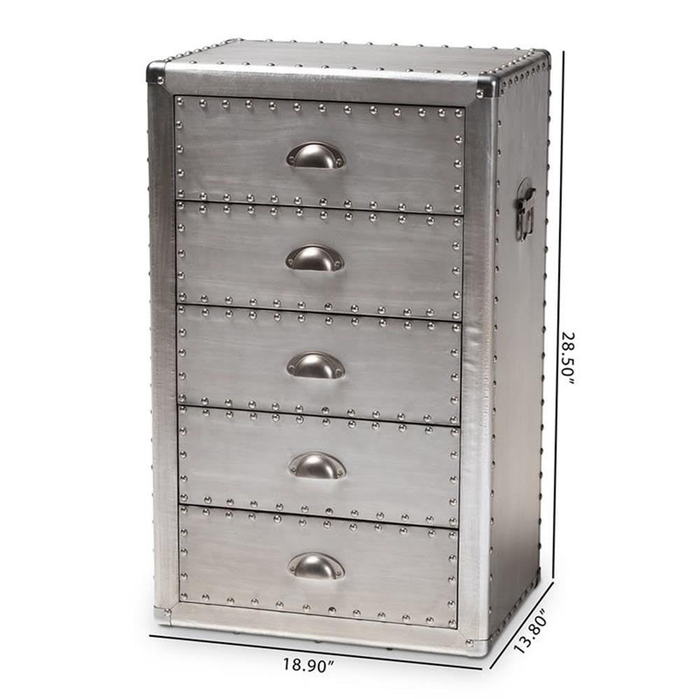 Baxton Studio Davet Mid-Century 5-Drawer Metal Accent Chest in Silver