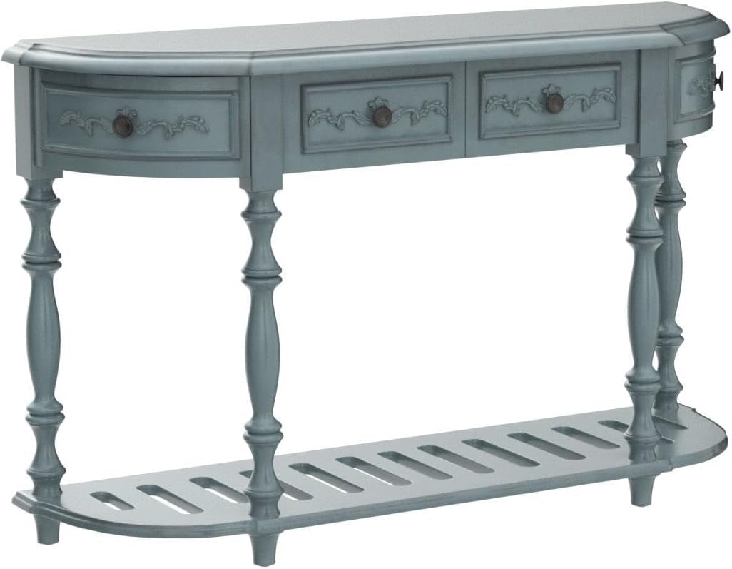 Amposei Retro Wood Curved Entryway Console Table 52-Inch Half Moon Hall Sofa Table with Drawers & Shelf for Living Room Hallway Foyer Home Accent Furniture, Distressed Finish (Antique Blue)