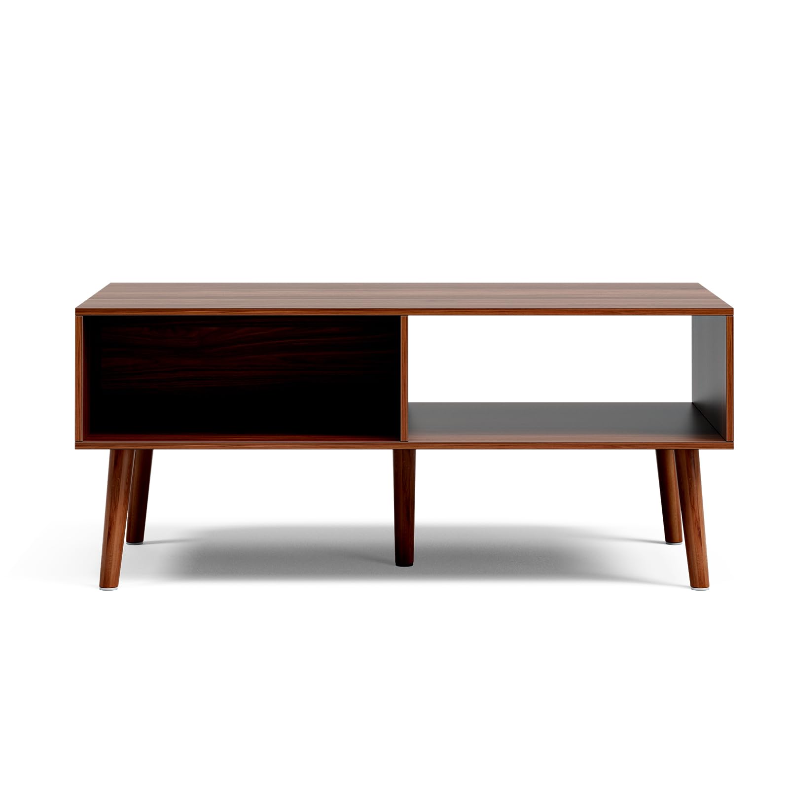 LCRBOL Coffee Table with Storage, Mid Century Dining Table with Fluted Drawer and Solid Wood Legs, Small Coffee Tables for Living Room, Walnut
