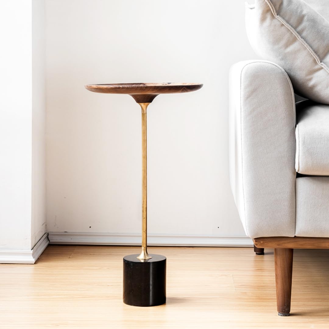 Round Walnut Side Table with Brass & Steel Base