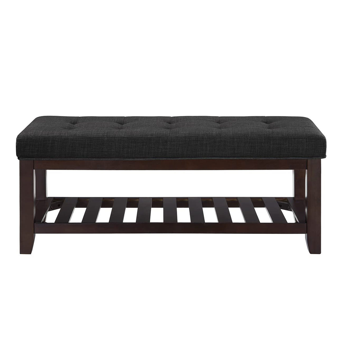 Tufted Linen Bench with Shelf
