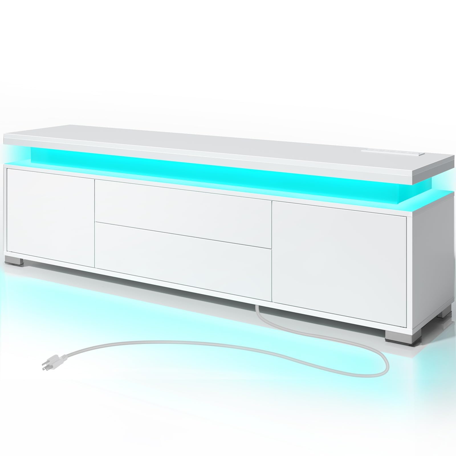 Rolanstar TV Stand with LED Lights & Power Outlet, Modern Entertainment Center for 32/43/50/55/65 Inchs TVs, Table, Universal Gaming Media Stand Storage Cabinet and Large Storage, White