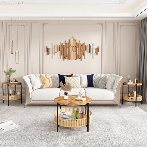 AWQM 3 Pieces Coffee Table Set for Living Room, 2 Tier Round Rattan Coffee End Side Table, Boho Living Room Table Set with Metal Frame for Bedroom Office