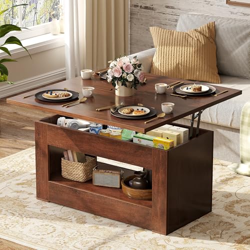 UNIQUITE 40" Lift Top Coffee Table, 4 in 1 Multi-Function Lift Coffee Table with Storage and Hidden Compartment, Convertible Coffee Tables to Dining Table for Living Room, Walnut