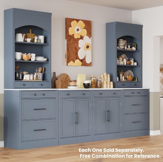 Merax Modern 83.7inch Freestanding Kitchen Hutch with Faux Marble Top, Kitchen Pantry with 5 Storage Drawers and Adjustable Shelf, Set of 2, Gray