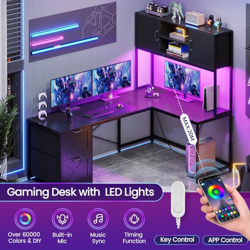 L-Shaped Corner Desk with Drawers, LED Lights & Power Outlet