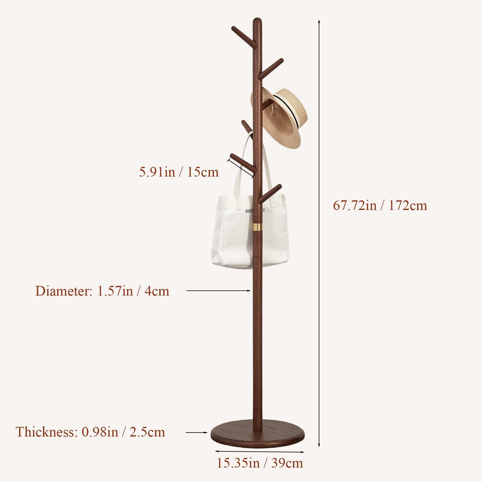 Wooden Freestanding Coat Rack with 6 Hooks