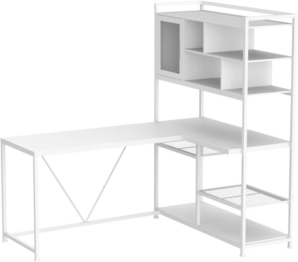 L-Shaped Desk with Bookshelf & LED Light Strips, 58"