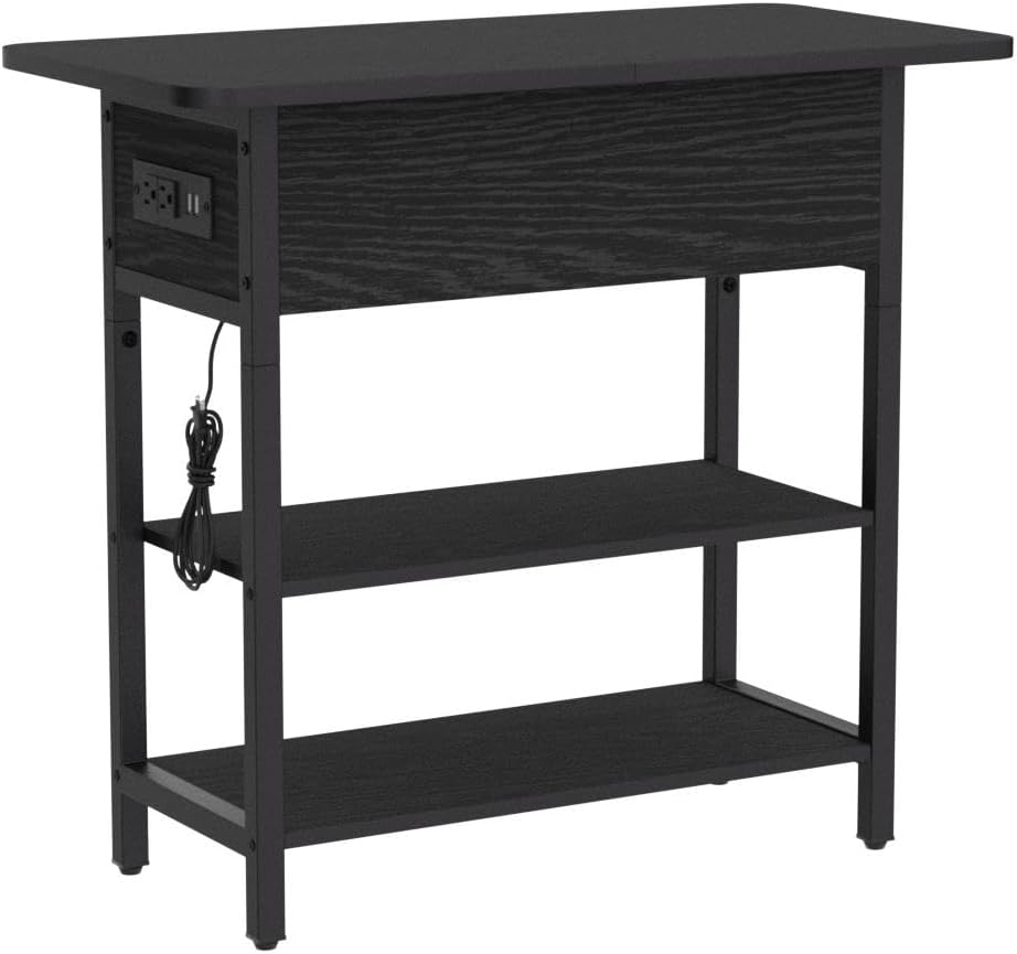 Yoobure End Table with Charging Station, Flip Top Side Table with USB Ports and Outlets, Sofa Couch Table Bedside Table for Living Room Bedroom, Narrow Nightstand with Storage Shelves for Small Space