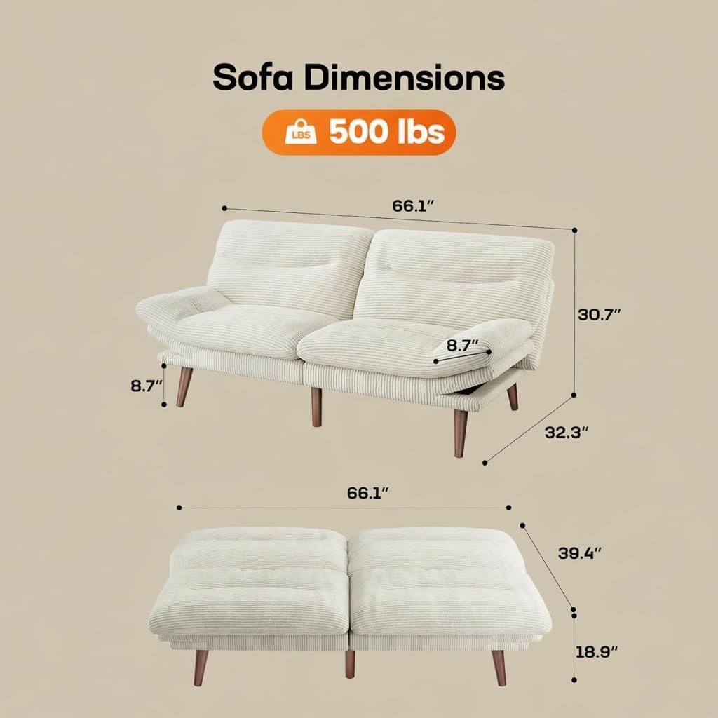 AMADA 66"Convertible Futon Sofa Bed, Corduroy Folding Futon Set with Adjustable Backrest &Armrests, Recliner Lounge for Living Room, Apartment or Office, Solid Wood Frame, Loveseat Sofa - Beige White