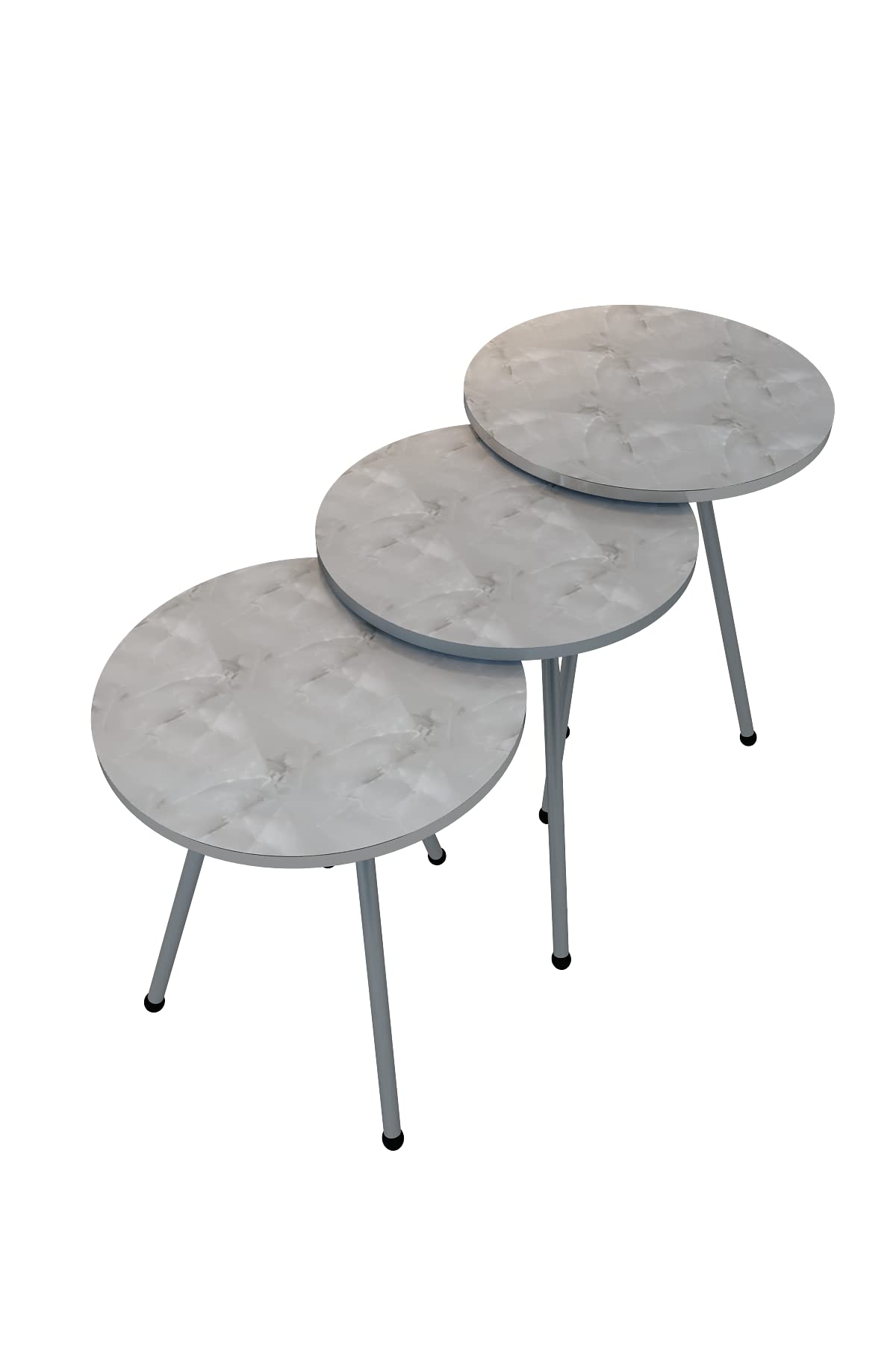 Round Nesting Tables Set of 3 – White Marble & Silver