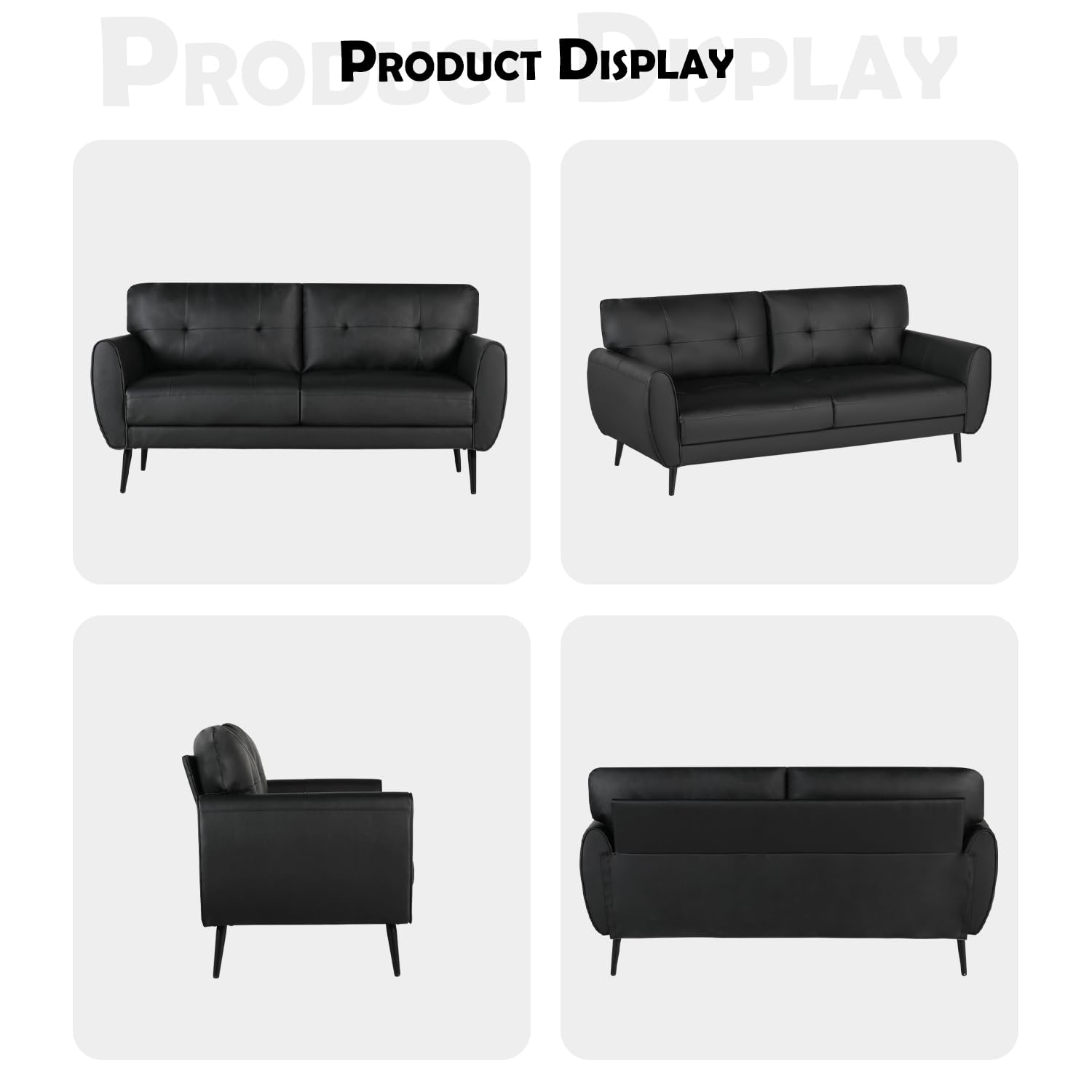 VAMEPOLE 60" Loveseat Sofa for Living Room, Mid Century Mini Black Couch, Tufted Leather Love Seat Furniture, Comfy Office 2 Seat, Small Couches for Small Spaces, Bedroom, Apartment