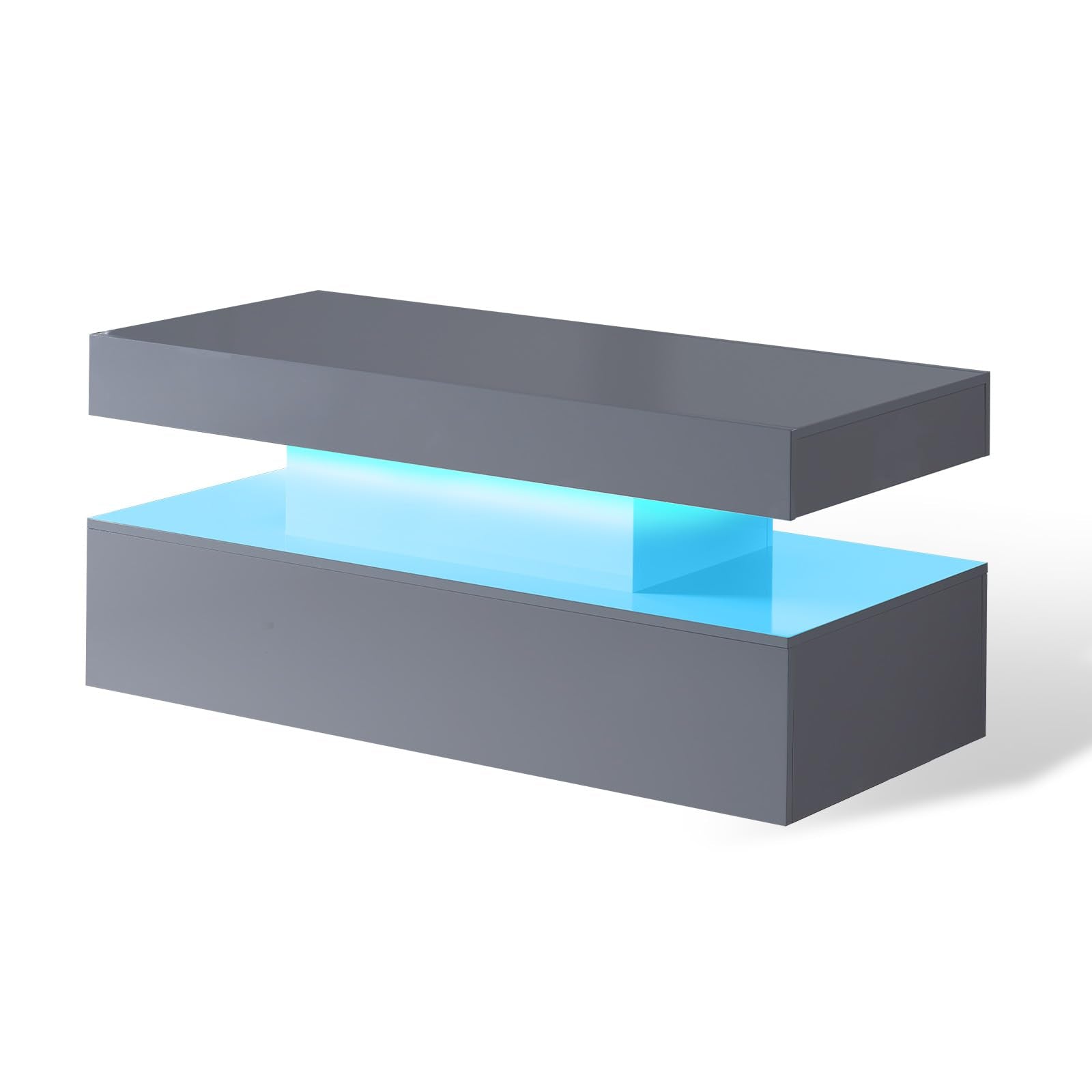 AMERLIFE High Gloss 2-Tier LED Coffee Table, 40" Modern Center Table with LED Lights, Open Storage Space, Minimalism Rectangular Sofa Side Table for Living Room, Gray