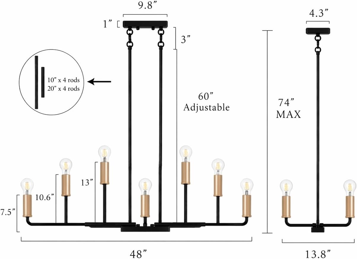 KSANA 48" Large Black and Gold Chandelier, Modern 12-Light Linear Chandeliers Dining Room Light Fixtures Industrial Kitchen Island Lighting Above Table