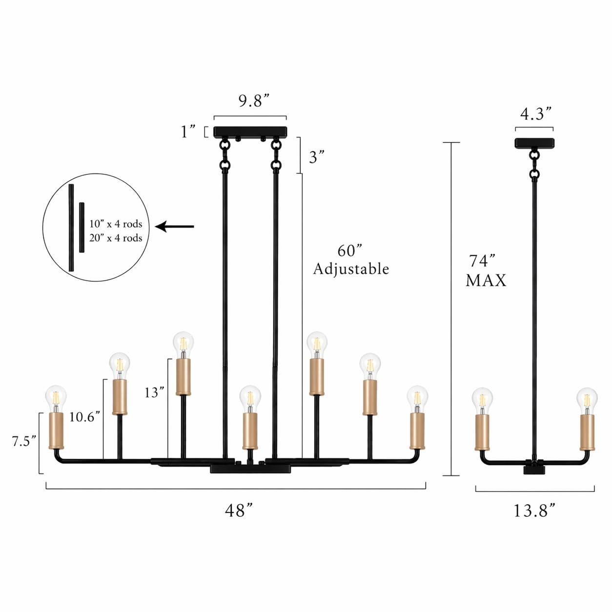 KSANA 48" Large Black and Gold Chandelier, Modern 12-Light Linear Chandeliers Dining Room Light Fixtures Industrial Kitchen Island Lighting Above Table