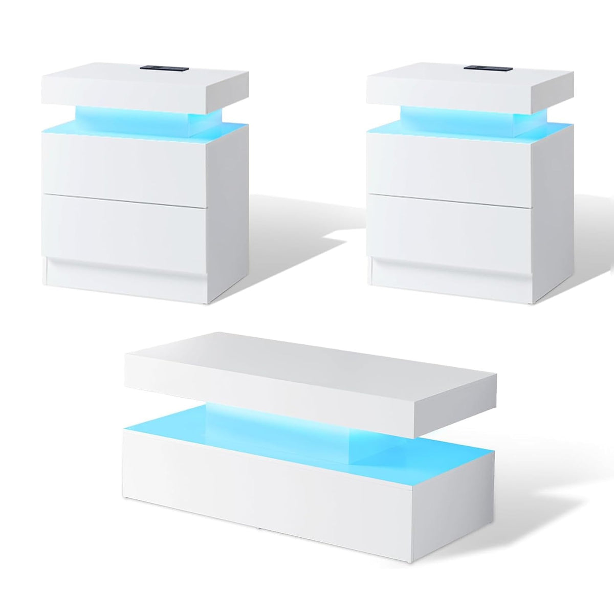 AMERLIFE 3-Piece High Gloss Coffee Table Set with LED Lights