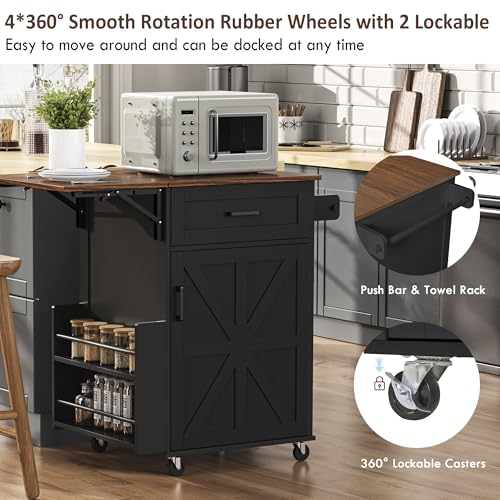 Seeheool K&K 39.3" Farmhouse Kitchen Island with Drop Leaf, Kitchen Storage Island with Open Side Rack, One Drawer, Towel Rack, Rolling Kitchen Cart with Lockable Wheels for Lawn Garden, Black