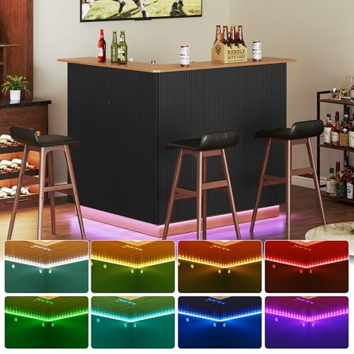 ARTPOWER L Shaped Home Bar Cabinet with Fridge Space, Oversized Modern Basement Coffee Bar Table with LED Strip, Fluted 4-Tier Corner Wine Cabinet with Stemware Racks for Dining Living Room, Black