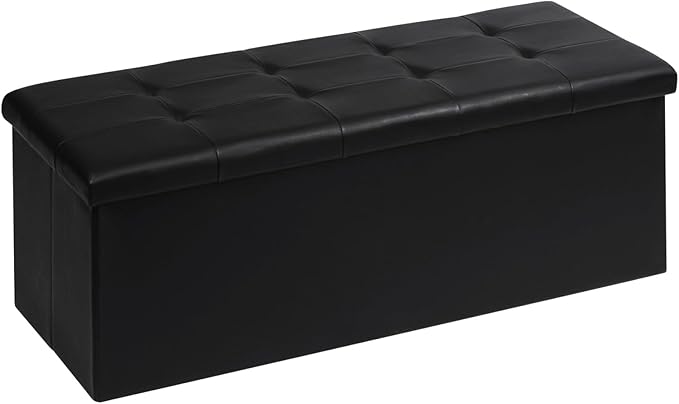 Folding Storage Ottoman Bench with Faux Leather Upholstery