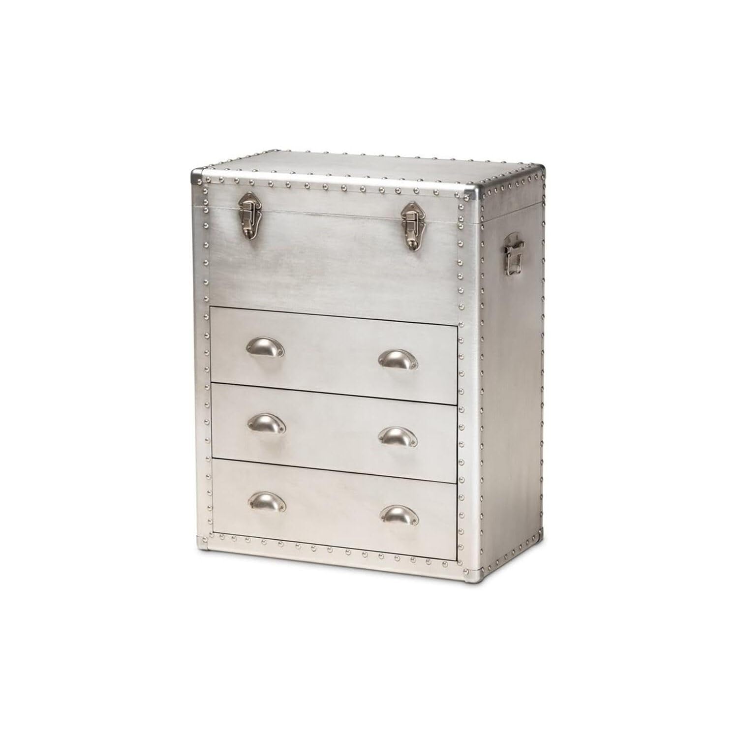 HomeStock Sophisticated Simplicity French Industrial Silver Metal 3-Drawer Accent Storage Chest