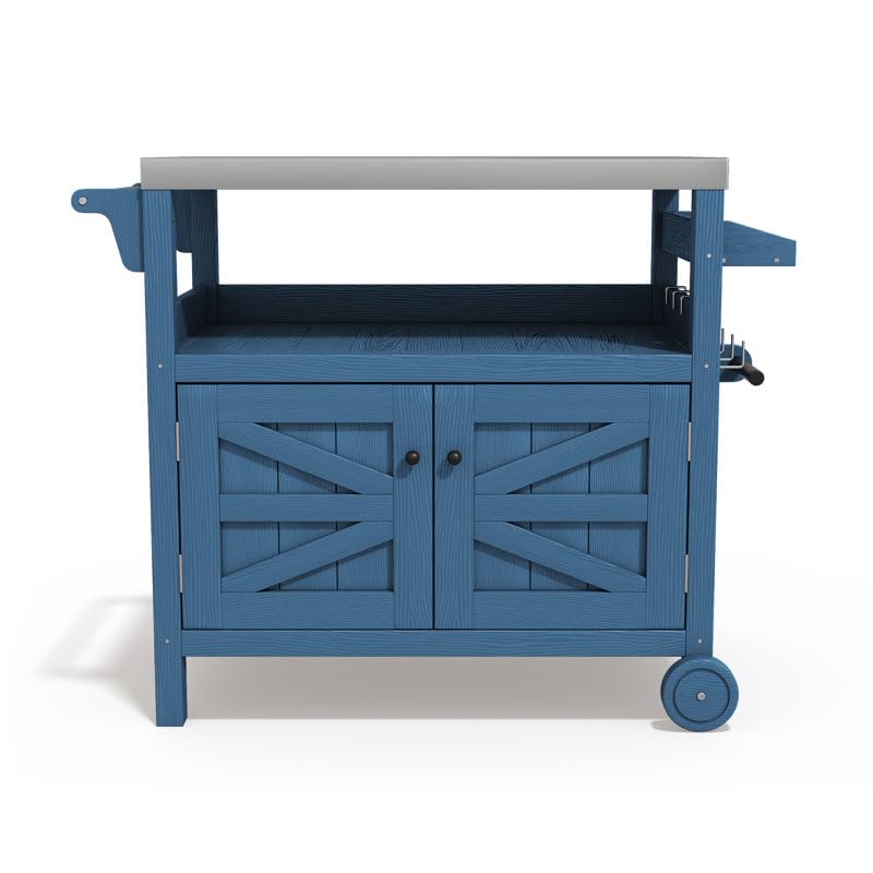 LIKEPAY Courtyard Side Cabinet Dining cart, Courtyard Furniture, Outdoor Barbecue Dining cart, Stainless Steel Tabletop, Storage Cabinet with Door-Navy