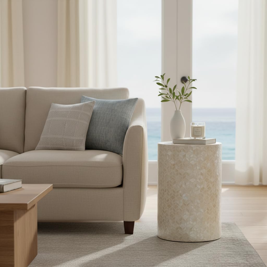 Capiz Shell Drum End Table, White Cream
