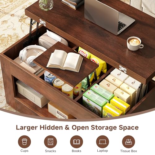 UNIQUITE 40" Lift Top Coffee Table, 4 in 1 Multi-Function Lift Coffee Table with Storage and Hidden Compartment, Convertible Coffee Tables to Dining Table for Living Room, Walnut