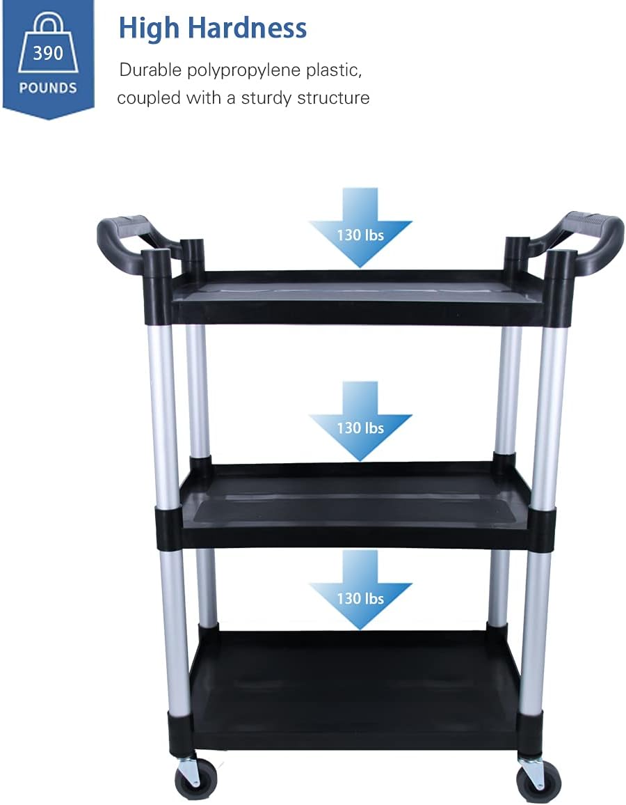 Abacad Plastic Utility Cart with Wheels Lockable, Heavy Duty Restaurant Cart, Service Cart for/Home/Office/Warehouse/Kitchen/Workshop,390 Lbs,2 Handles, Black.