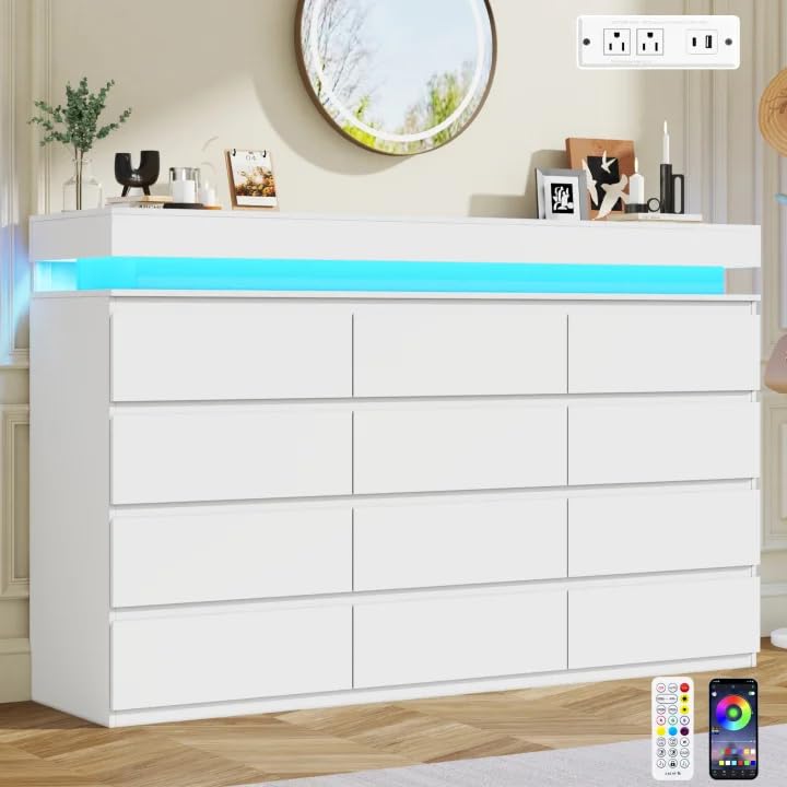 chartustriable 12 Drawer Dresser for Bedroom, 70" Wide 44" Tall Dresser with LED Light & Charging Station, Modern Chest of Drawers for Closet, Living Room, Entryway, Hallway (White, 12 Drawers)