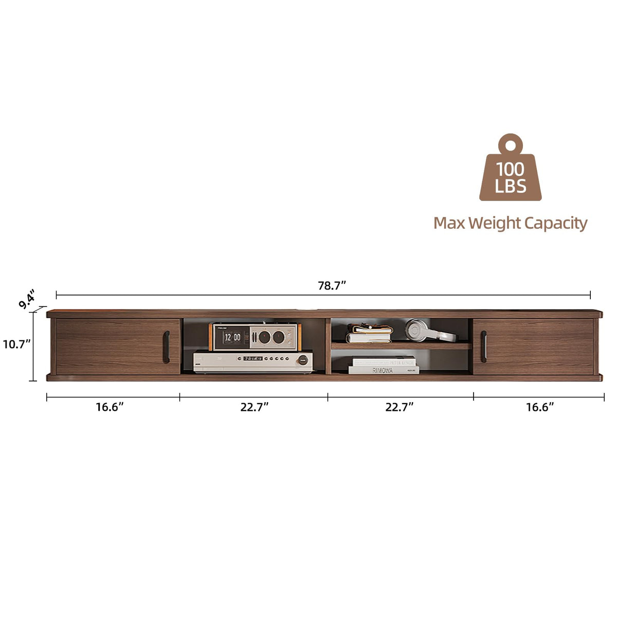 FurniNova 78'' Floating TV Stand with Doors & Open Cabinets,Walnut