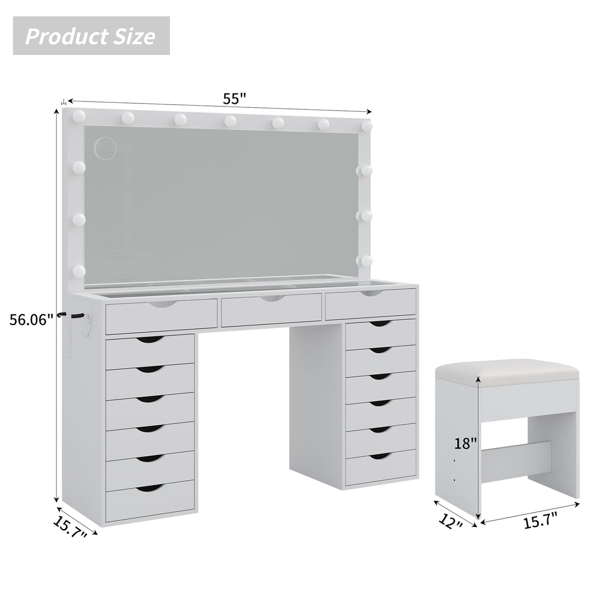 15-Drawer LED Makeup Vanity with Stool