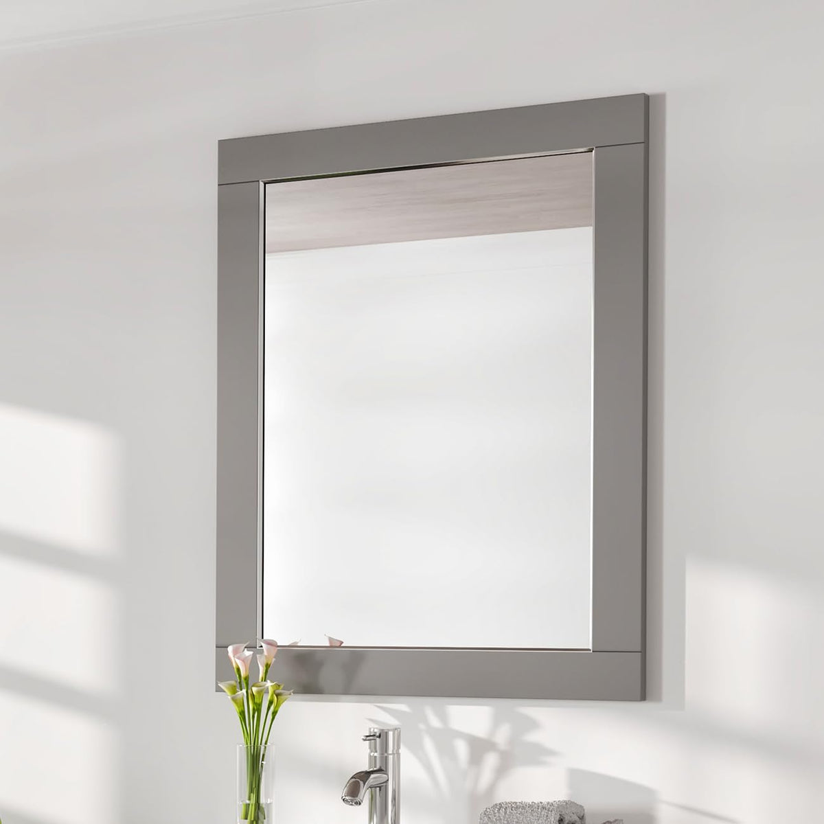 Gray Wood-Framed Bathroom Mirror