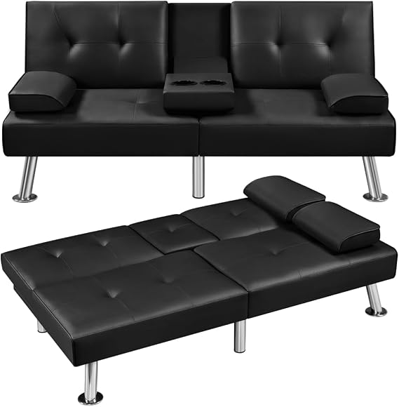 Convertible Futon Sofa Bed with Cup Holders