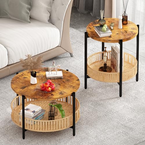 AWQM 3 Pieces Coffee Table Set for Living Room, 2 Tier Round Rattan Coffee End Side Table, Boho Living Room Table Set with Metal Frame for Bedroom Office