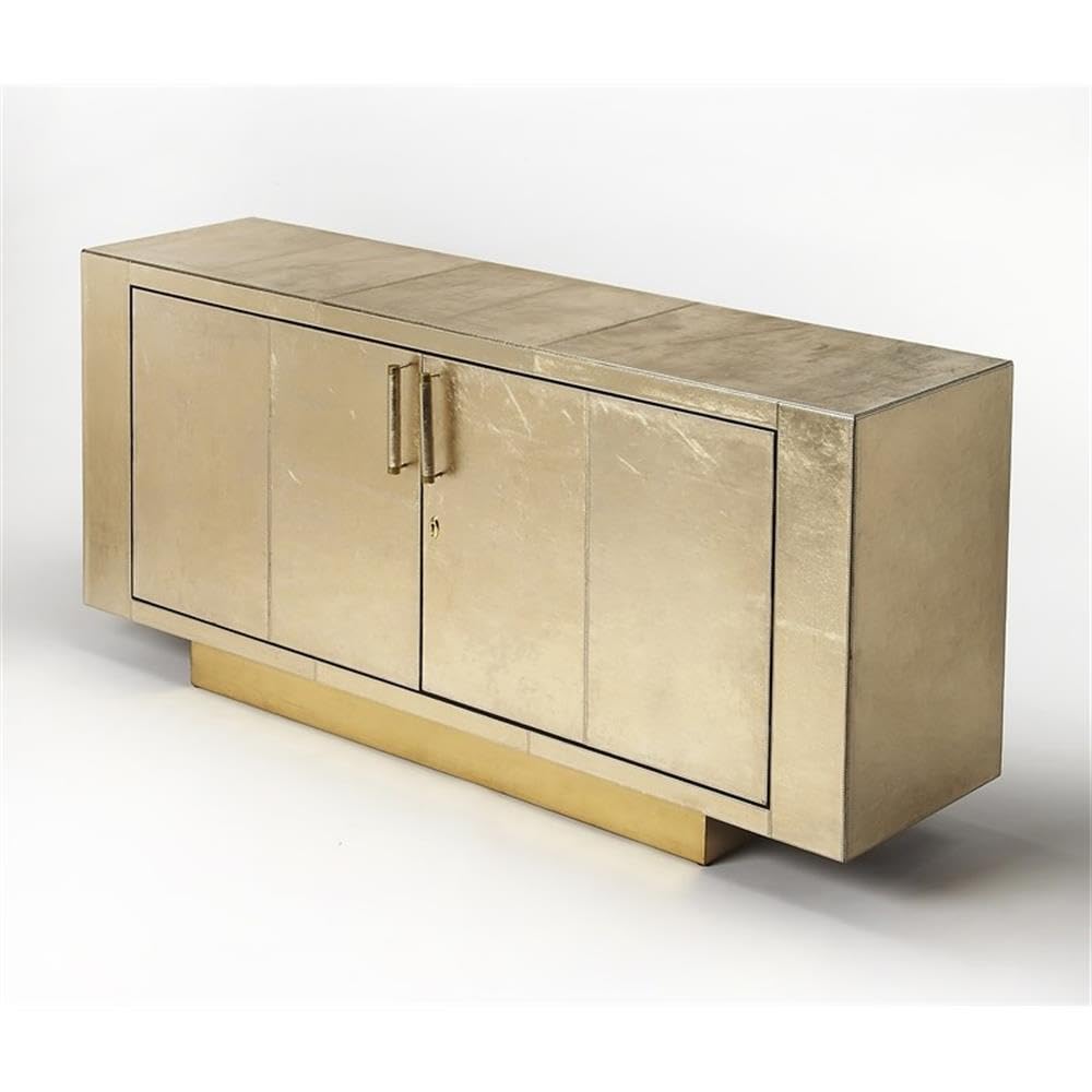 Maklaine Modern Leather Buffet, Gold Finish, Meranti Wood Trim, 70.5"W x 18"D x 34"H, Polysuede-Lined Interior, Adjustable Shelves, Tray Drawer, Brass Platform Base and Handles, Contemporary Sideboard