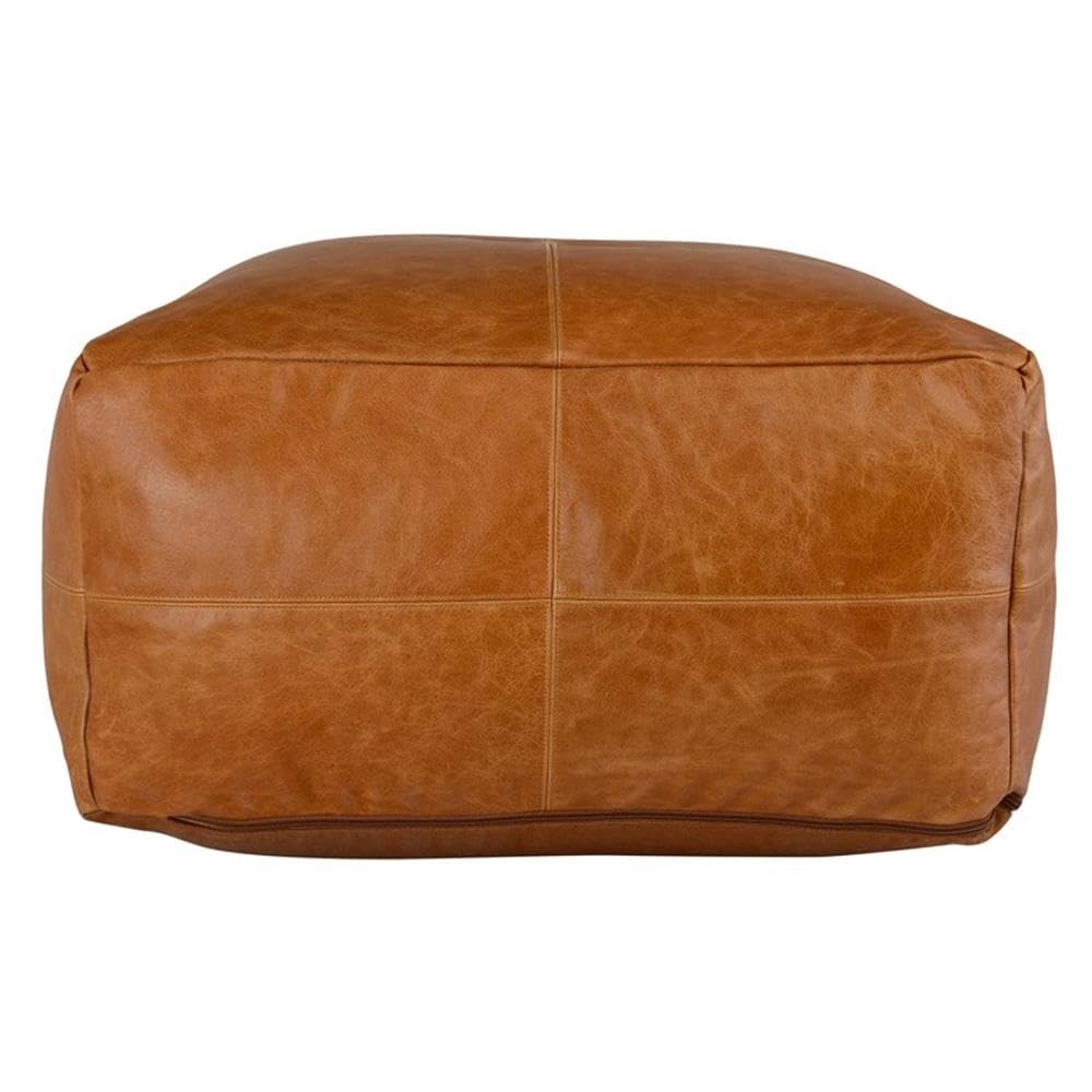 Square Genuine Leather Pouf Ottoman – Chestnut Brown