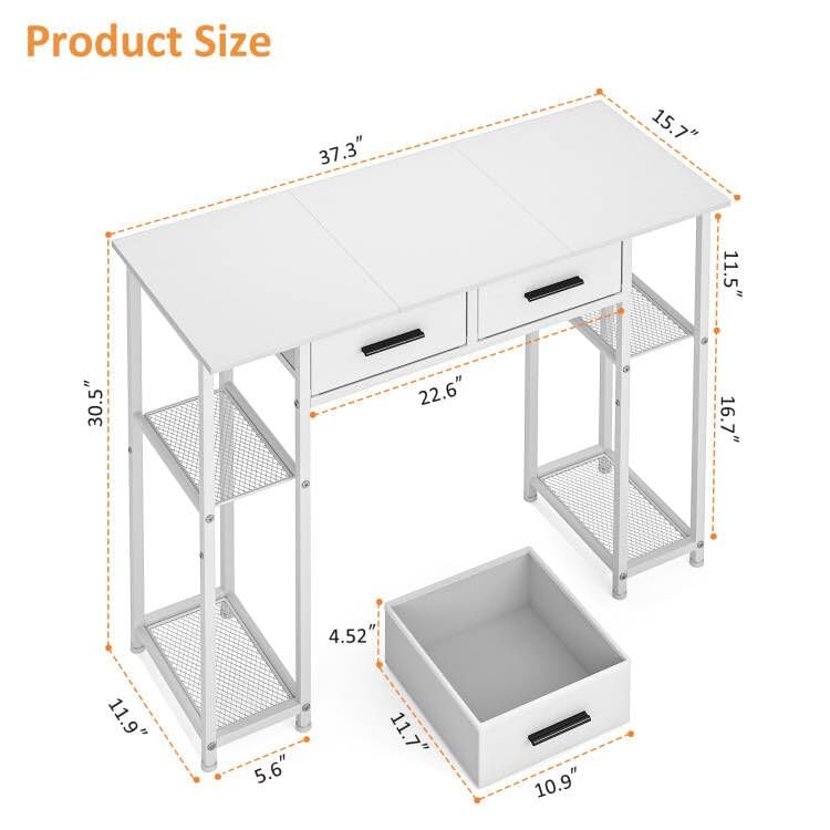DAOUTIME White Computer Desk with Drawers, 37.3 Inch Home Office Work Desk with Storage Shelf, Kids Teens Study Table for Small Space, Small Writing PC Table for Bedroom Makeup Vanity Desk