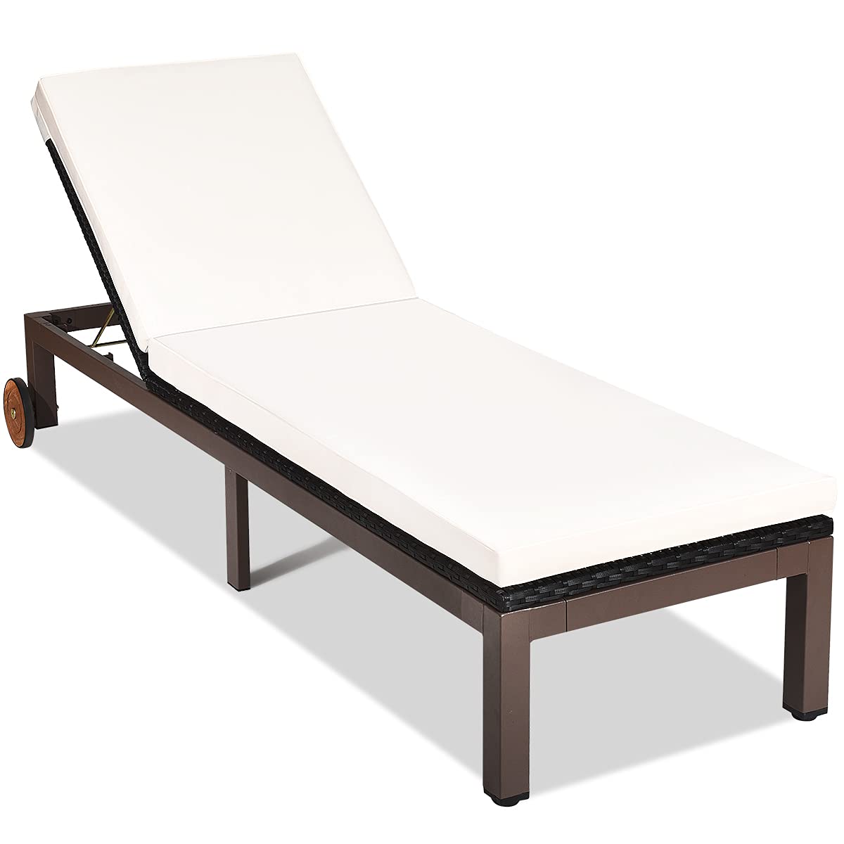 DORTALA Outdoor Pool Chaise Lounge Chair, Metal Rattan Lounger Recliner Chair W/Wheels, Folding Wicker Chaise Chair W/Cushioned Seating, White