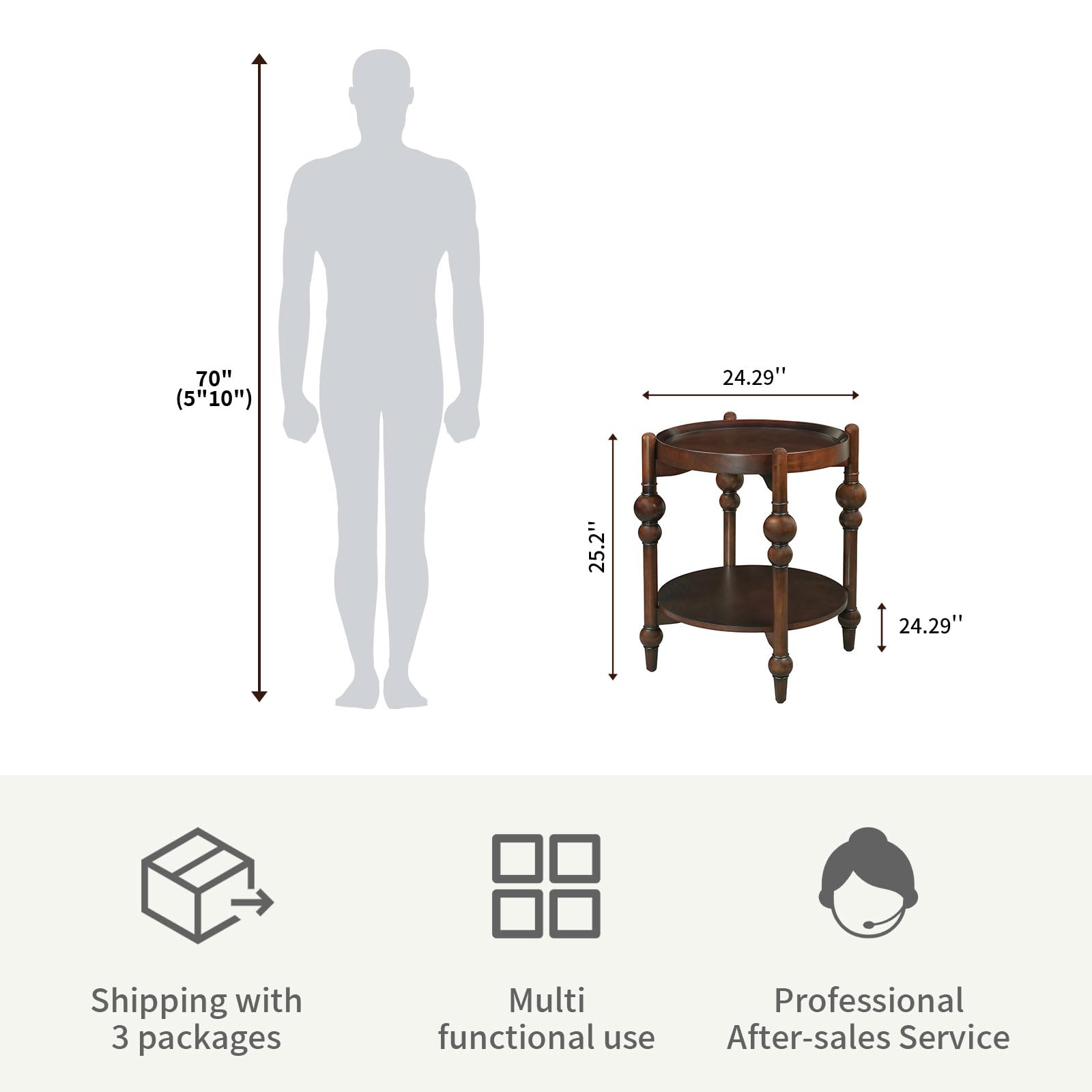 LKTART Nesting End Table for Living Room,Round Solid Wood Frame Nest Side Tables with Storage,Retro Accent Center Table for Small Space Apartment (25''D×24''H-Dark Brown)