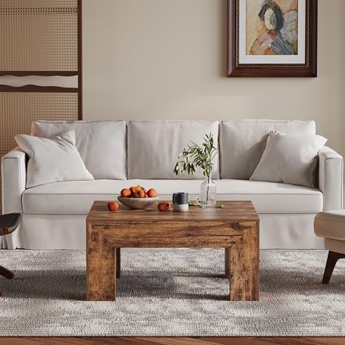 Square Coffee Table with Thick Base – Rustic Brown