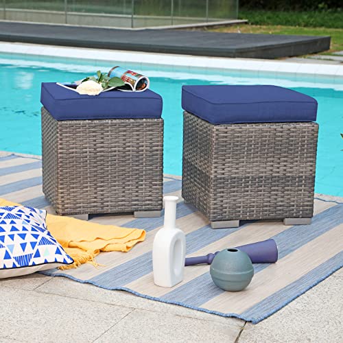 Outdoor Wicker Ottoman Set of 2 with Cushions