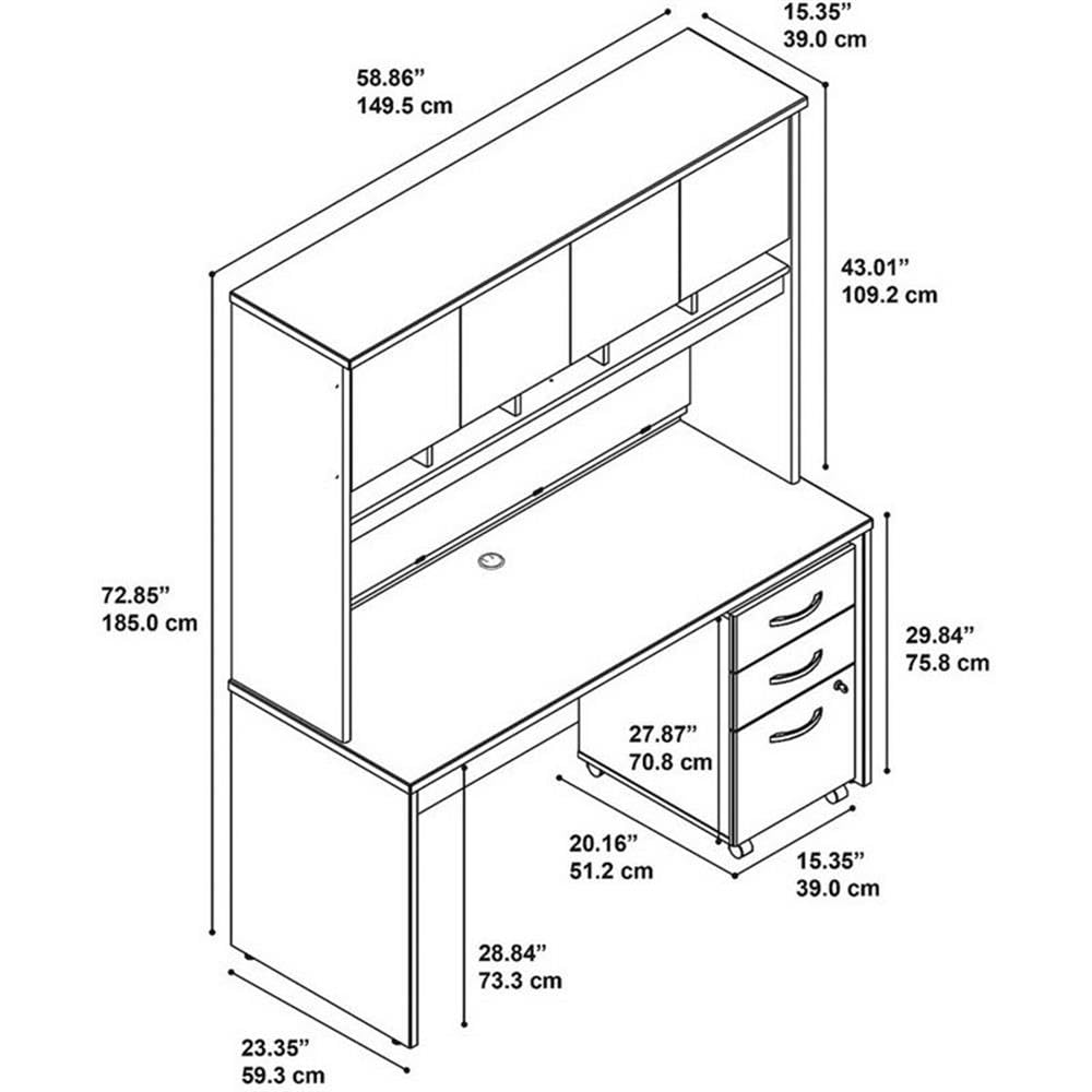 60W Office Desk with Hutch and Mobile File Cabinet